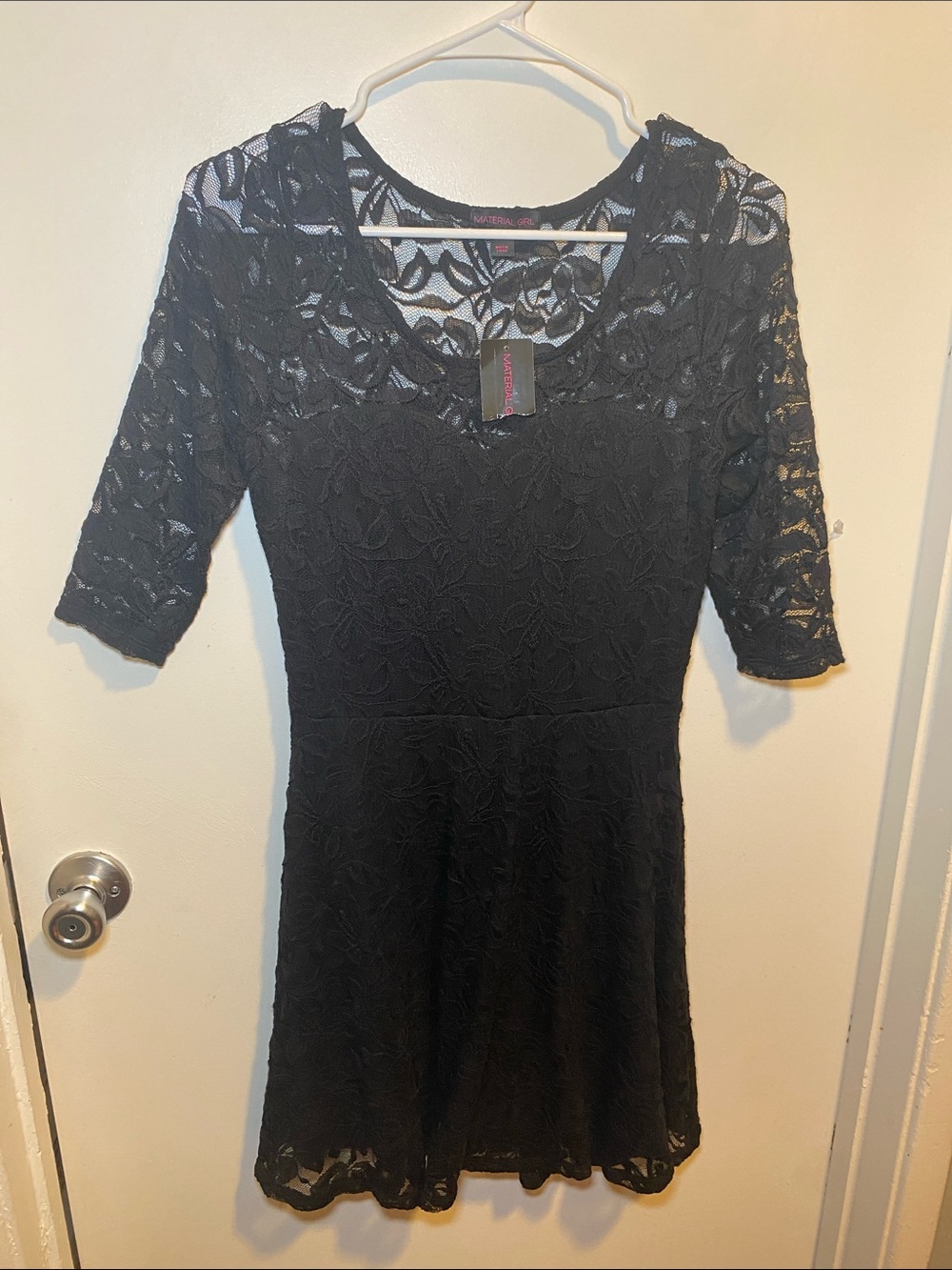 Material Girl Black Lace Fit-and-Flare Dress with Scoop Neck